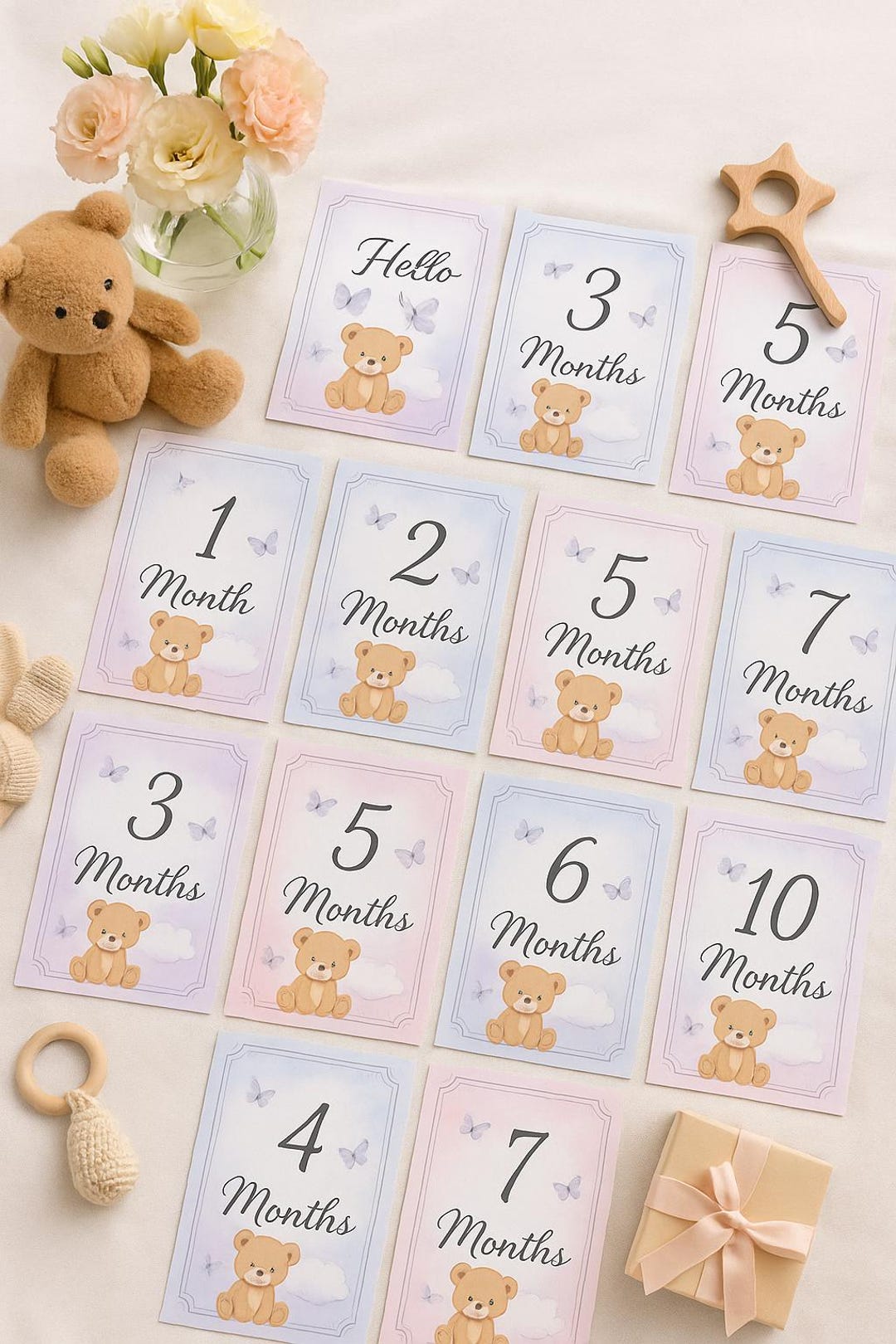 Baby Milestone Cards | Pastel Teddy Bear Monthly Photo Props ...