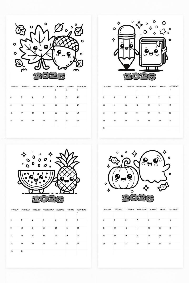 Kids Coloring Calendar 2026 • Printable Calendar to Color • Cute Animal ...