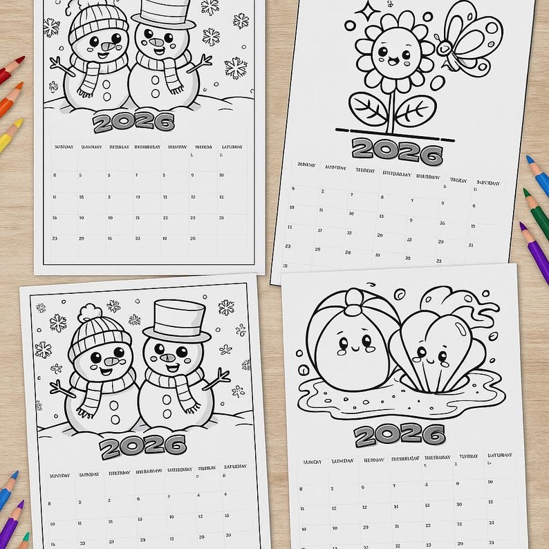 Kids Coloring Calendar 2026 • Printable Calendar to Color • Cute Animal ...