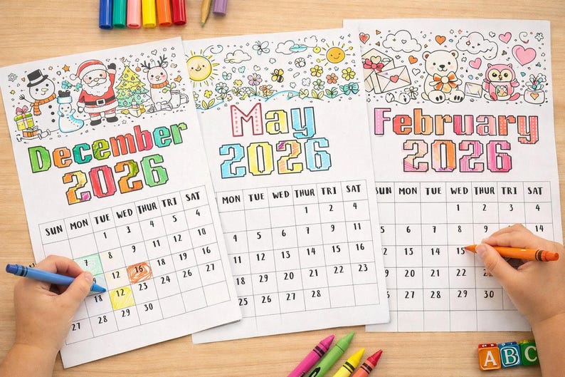 2026 Kids Coloring Calendar Printable, Cute Monthly Coloring Pages for ...