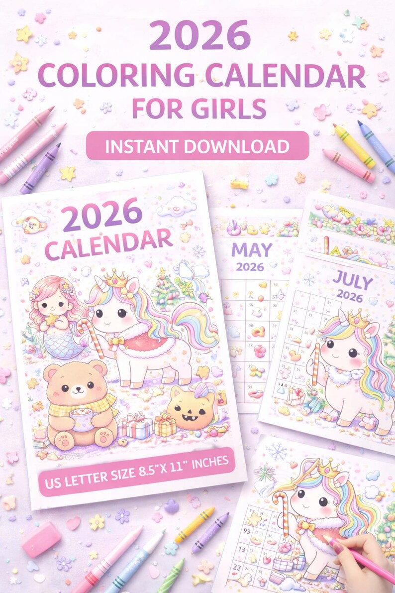 2026 Cute Coloring Calendar for Girls Printable | Unicorn Princess ...