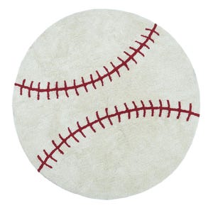 Baseball Rug - Round Washable Cotton Sports Rug | Eco-Friendly Baseball Decor | Boys Bedroom | Playroom Mat | Kids Room