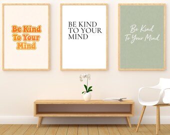 Be Kind To Your Mind Wall Art, 3 Style Aesthetic Bundle, Teen Girl Room Decor, Positive Affirmations, Mental Health Digital Print Download