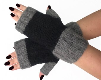 Wool black with gray Hand knitting  fingerless gloves  Knit arm warmers