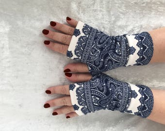 Fingerless  gloves navy blue with white,  sun protection hand, women cotton gloves