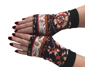 Fingerless gloves dark blue red  flowers  all  sizes Completely Lined with Cuffs