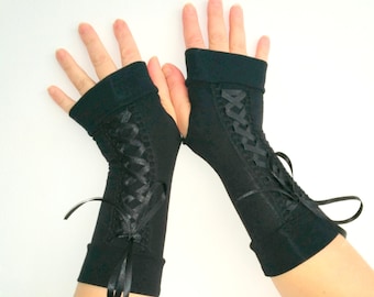 Vintage Black corset finger less gloves, Black wedding gloves