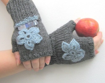 Gray knitted fingerless gloves with  flower  and  pocket