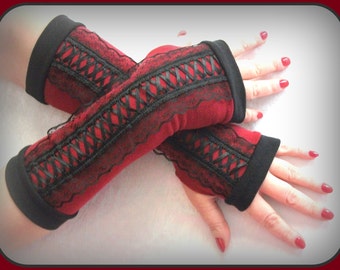 Red fingerless gloves , Corset Hand, Winter wrist warmers, Fall Winter warmers, warm jersey gloves, Arm warmers gloves