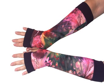 Gants moins longs pour les doigts avec motif rose avec violet, protection solaire pour les mains, gants en coton pour femmes