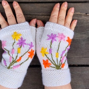 Embroidered white fingerless wool knitted gloves Fall winter wool gloves Hand Knit Fingerless Embroidery Winter Woolen Gloves image 2