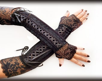 Very long black  fingerless gloves , Corset Hand,  Black wedding gloves , black velvet long gloves, Long velvet fingerless gloves
