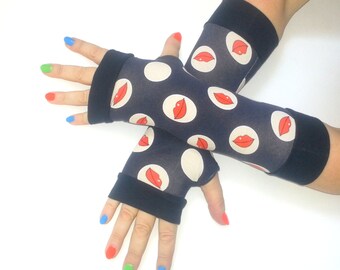 Fingerless long  gloves  with lips,  sun protection hand, women cotton gloves, Summer Arm Covers