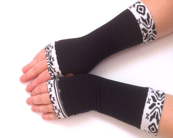 Winter gloves   with black- white  color, Tattoo Cover Up, Women fingerless , women arm covers