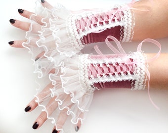 Pink velvet sleeves Tulle costume sleeves Wedding corset sleeves Pink victorian tulle cuff bracelet