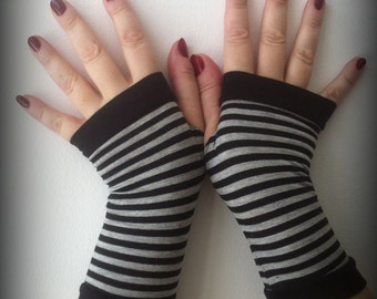 Fingerless black with gray strips gloves , Tattoo Cover Up, Women fingerless , women arm covers