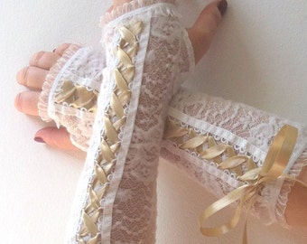 Lace gloves women Corset lace white  fingerless gloves Wedding off white lace  gloves, wedding armwarmers