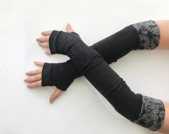 Gray fingerless   gloves very long , fingerless arm sleeves,  extra long gloves, elbow length gloves