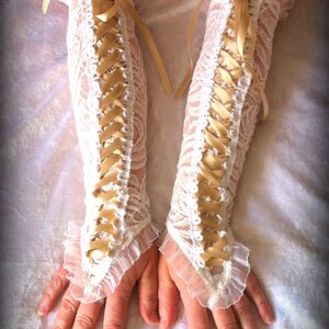 Offwhite fingerless gloves Corset Hand, dance gloves, Cosplay Costume, Long wedding corset loop gloves, wedding armwarmers image 2