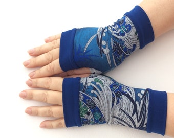 Blue fingerless gloves Short arm warmers Blue wrist warmers Textile fingerless gloves