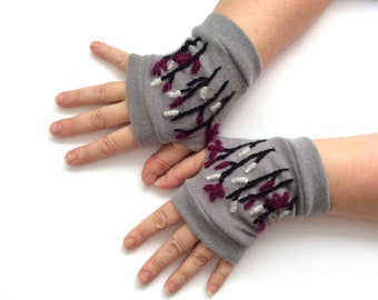 Embroidery fingerless Gray winter gloves  women wrist warmers Embroidery hand warmer