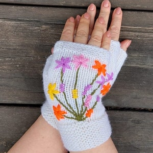 Embroidered white fingerless wool knitted gloves Fall winter wool gloves Hand Knit Fingerless Embroidery Winter Woolen Gloves image 4