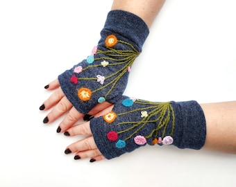 Blue jersey fingerless  gloves, embroidery, Winter wrist warmers,  Arm warmers gloves, Fall winter gloves,Cold weather gloves