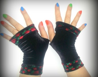 Fingerless gloves velvet short black , Tattoo Cover Up,  women arm covers