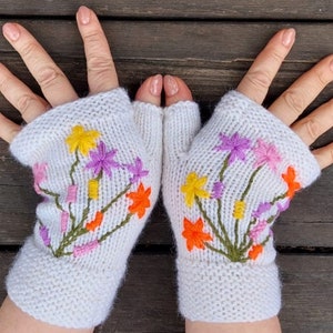 Embroidered white fingerless wool knitted gloves Fall winter wool gloves Hand Knit Fingerless Embroidery Winter Woolen Gloves image 5