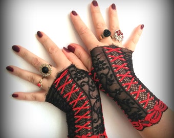 Fingerless lace gloves  Black with red Lace gloves women, Short lace gloves,Evening lace gloves,Stretch lace gloves,Lace costume gloves