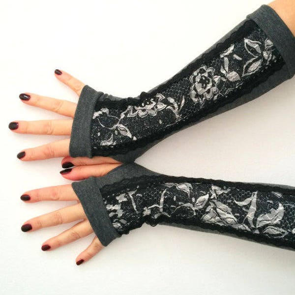 Lace gloves women Gray fingerless gloves Long women arm warmers Winter jersey gloves