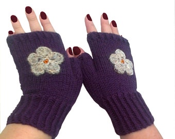 Cold winter gloves Fingerless  gloves  knitted purple  with flowers Fall winter gloves