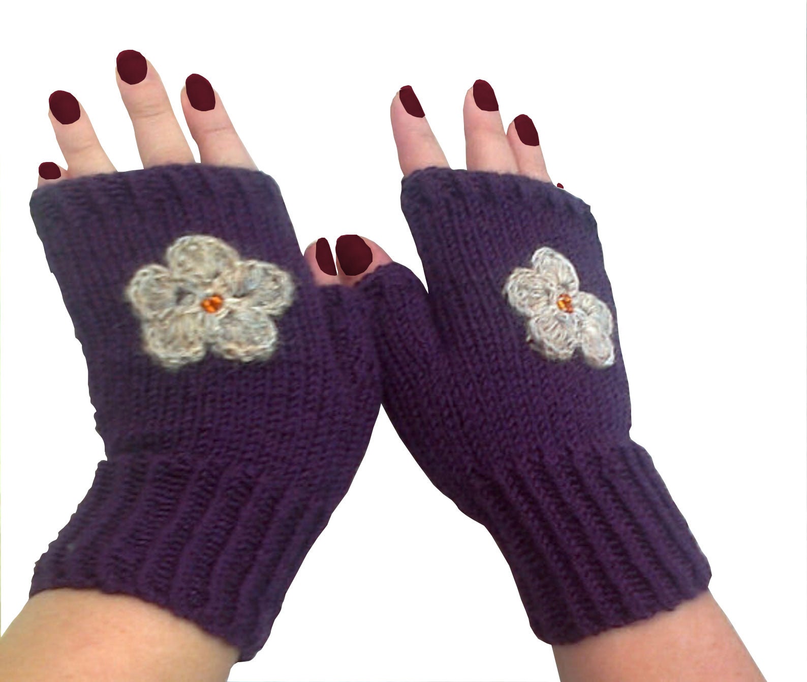 Cold winter gloves Fingerless gloves knitted purple with Etsy