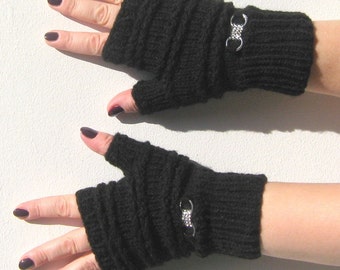 Rustic knitted gloves Fingerless knit wool gloves  Black winter arm warmers