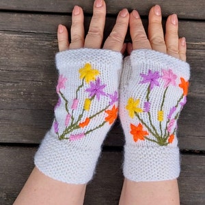 Embroidered white fingerless wool knitted gloves Fall winter wool gloves Hand Knit Fingerless Embroidery Winter Woolen Gloves image 6