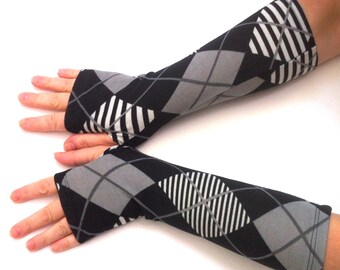 Fingerless gloves  black and gray squares , , Tattoo Cover Up, Women fingerless , women arm covers