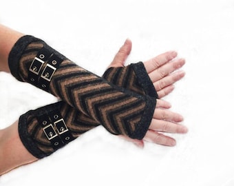 Finger less gloves in color brown  with buckles Long jersey gloves Winter arm warmes  Completely Lining