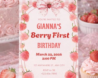 Berry First Birthday Invitation, Strawberry First Birthday Invite, Girl First Birthday, Editable Canva Template