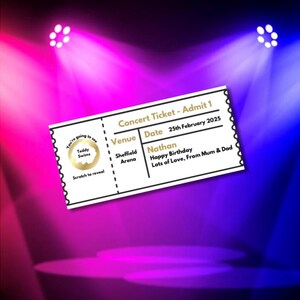 Biglietto da concerto gratta e vinci, biglietto da concerto a sorpresa, regalo personalizzato, biglietto da concerto gratta e vinci, gratta per rivelare