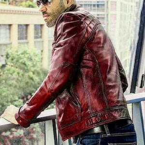 Men&#39;s Handmade Slim Fit Diamond Quilted Motorcycle Antique Red Leather Jacket | Men Slim Fit Vintage Style Red Biker Genuine Leather Jacket
