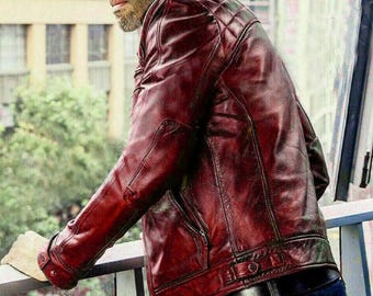 Men's Handmade Slim Fit Diamond Quilted Motorcycle Antique Red Leather Jacket | Men Slim Fit Vintage Style Red Biker Genuine Leather Jacket