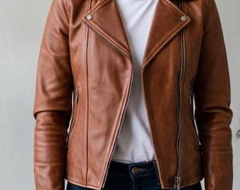 Women Handmade Vintage Style Brown Motorcycle Jacket | Women Tan Brown Slim Fit Biker Leather Jacket | Women Antique Brown Leather Jacket