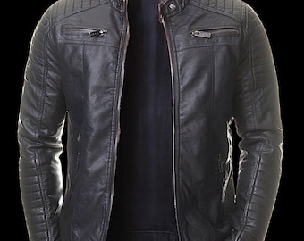 Men's Slim Fit Designer Motorcycle Black Leather Jacket | Men Handmade Slim Fit Quilted Style Black Biker Genuine Leather Jacket