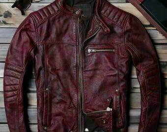 Men's Slim Fit Handmade Cafe Racer Burgundy Red Motorcycle Leather Jacket | Men Slim Fit Vintage Style Red Biker Genuine Leather Jacket