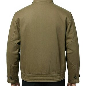 May include: Olive green jacket with a stand-up collar, buttoned cuffs, and elbow patches. The jacket has a ribbed hem and a simple, classic design. The back view showcases the jacket's tailored fit and durable fabric.