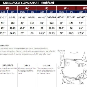 May include: Men's jacket sizing chart with measurements in inches and centimeters. Includes chest, shoulder, and sleeve measurements for various sizes, from XS to 4XL. Instructions on how to use the chart are also provided.