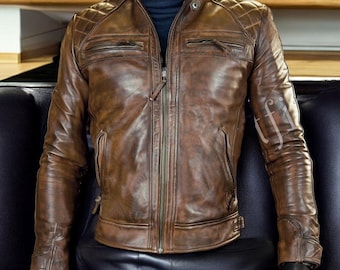 Men's Handmade Slim Fit Diamond Quilted Motorcycle Antique Brown Leather Jacket | Men Slim Fit Vintage Style Brown Leather Jacket