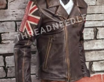 Chaqueta de cuero auténtico marrón desgastado con la bandera del Reino Unido, estilo vintage, hecha a mano para hombre. Chaqueta de cuero estilo motociclista con la bandera del Reino Unido.