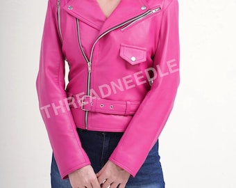 Frauen handgemachte Motorrad Pink Schaffell weiche Lederjacke | Frauen Slim Fit Pink Classic Biker Echtlederjacke | Frauen Rosa Jacke