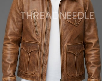 Men's Handmade Vintage Style Motorcycle Antique Brown Leather Jacket | Men Cowboy Style Vintage Brown Biker Leather Jacket